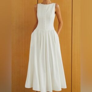 Commense Button-Front Sleeveless Pockets Long Dress
White / L